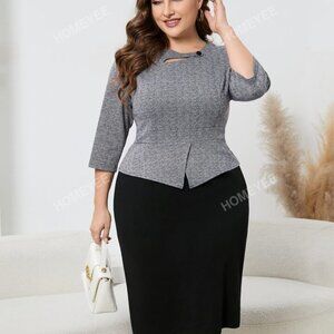 Plus Size Homeyee Gray and Black Midi Dress